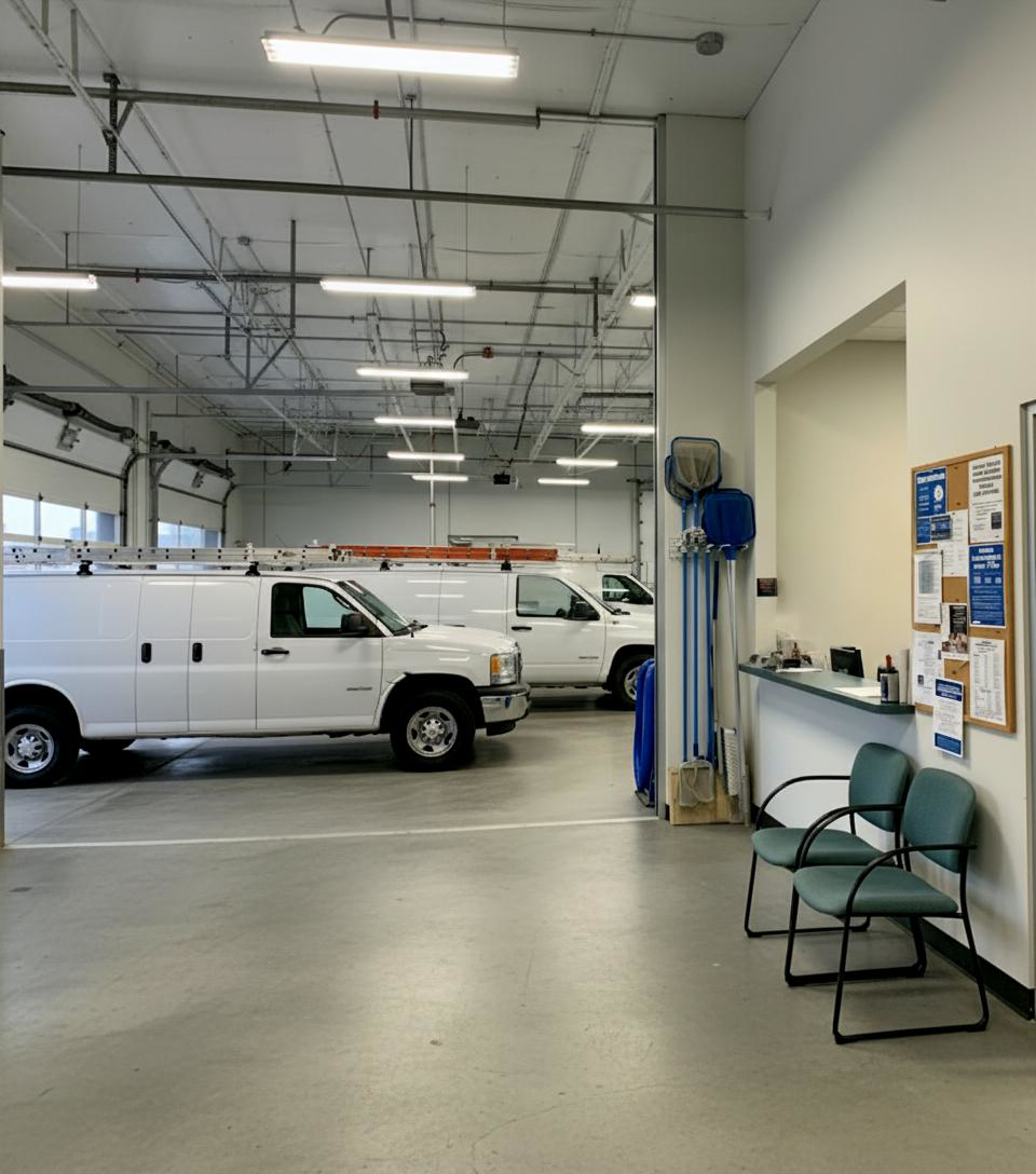 Professional pool service company office and garage facility